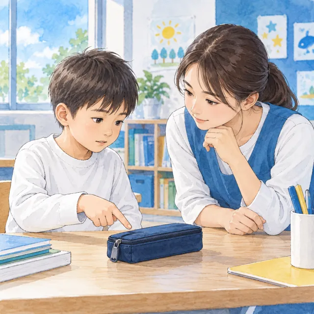 開けにくい筆箱を指し示して、スタッフに困っていることを知らせる子どものイメージ