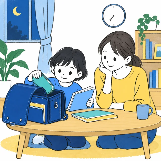子どもがランドセルの中を確認し、保護者と翌日の準備をするイメージ