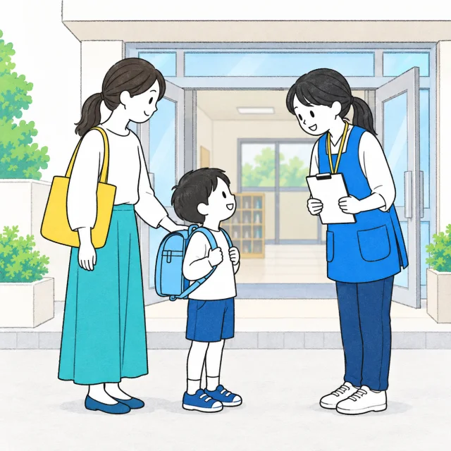 学校の出入口で親子と学童スタッフが引き渡しを確認するイメージ
