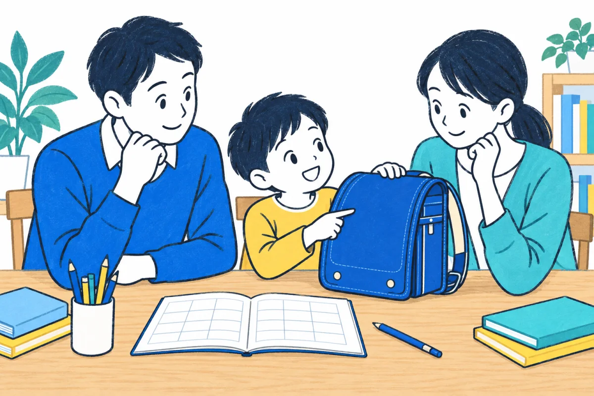 親子がランドセルと予定表を囲み、小学校入学後の生活を相談するイメージ