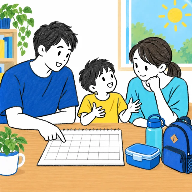 家族がカレンダーと昼食の持ち物を並べ、学校が休みの日の予定を相談するイメージ