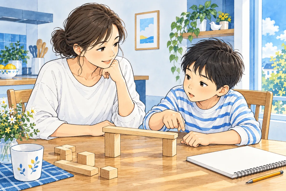 子どもが作りかけの積み木を示し、母親が考えを聞く創作イラスト