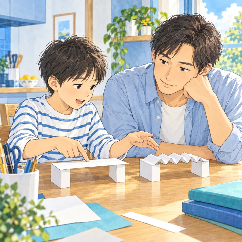 子どもが二つの紙の橋の違いを説明し、父親が耳を傾ける創作イラスト