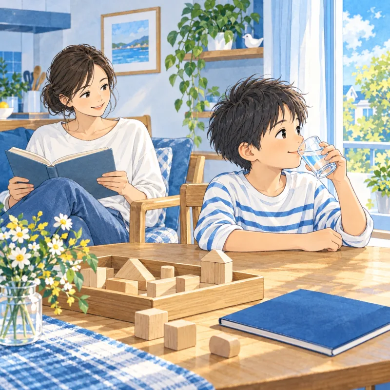 作りかけのものを脇に置き、窓辺で水を飲んで休む子どもの創作イラスト