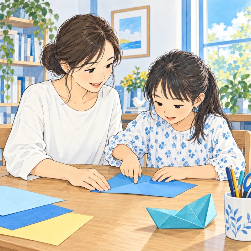 折り方に迷った子どもが、大人に紙の端を押さえる手助けを頼む創作場面
