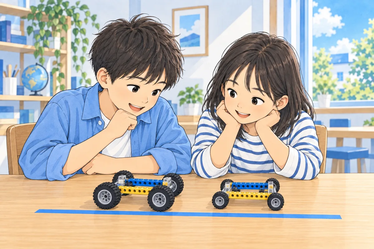 車輪の大きさが違う二つのブロックの車を、同じ場所で比べようとする子どもたちのイメージ