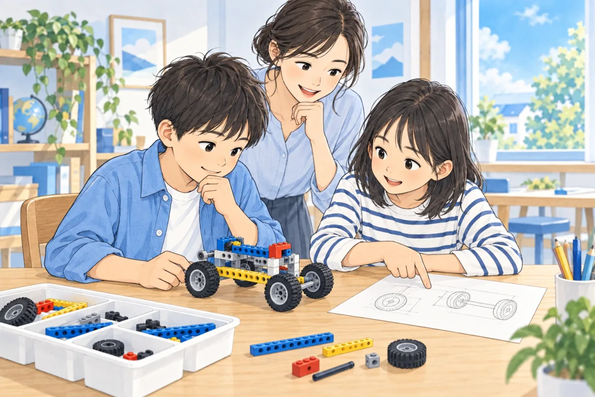 ブロックの車と車輪のスケッチを見ながら、先生と予想を話す子どもたちのイメージ