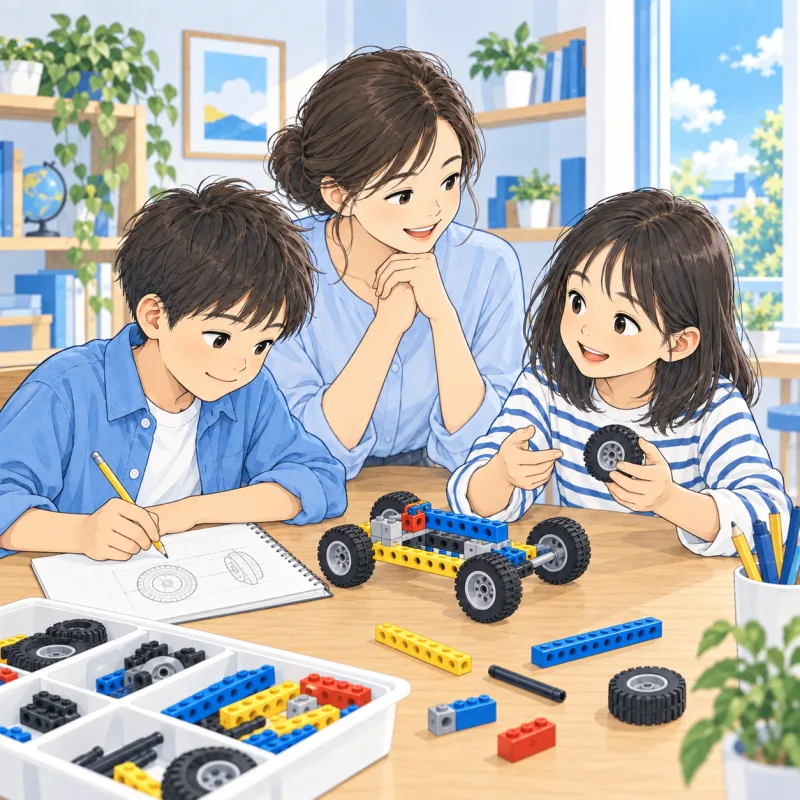 車輪とメモを見ながら、工夫したことを先生と話す子どもたちのイメージ