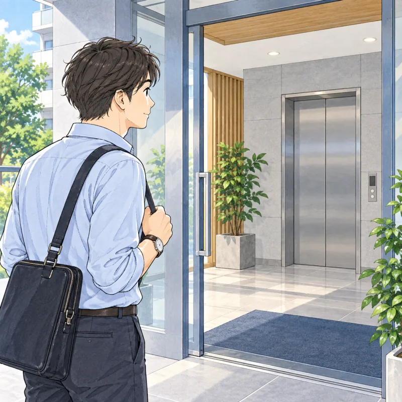 建物の入口から施設のある場所までを確認する保護者のイメージ