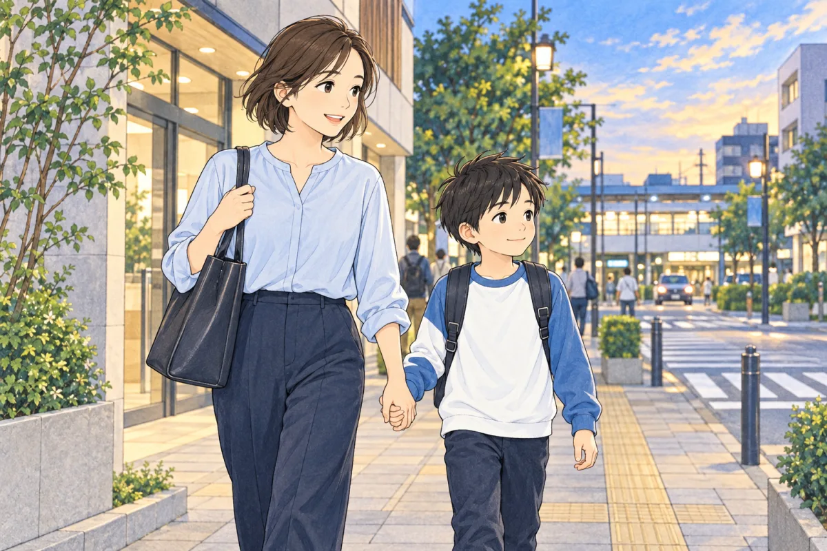 夕方、施設で合流した親子が歩いて帰宅するイメージ