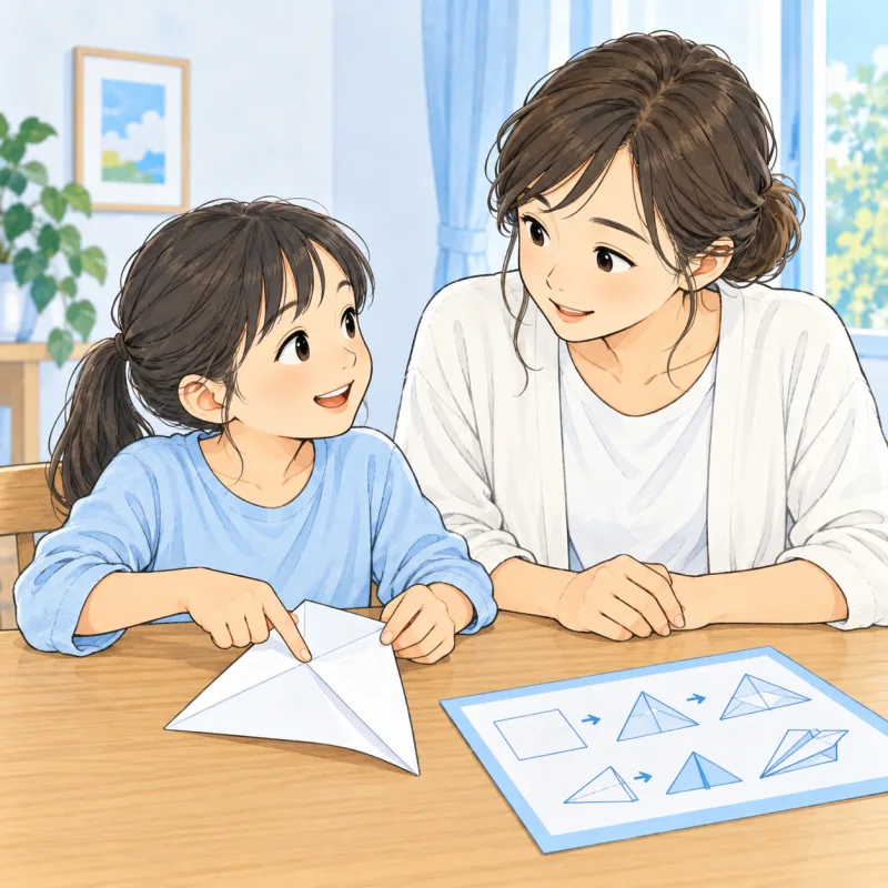 紙飛行機の折り方で迷った場所を指さし、大人と一緒に確認する子どものイメージ
