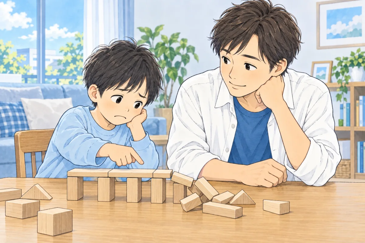 積み木の橋が崩れてがっかりしている子どもの隣で、大人が話を聞くイメージ