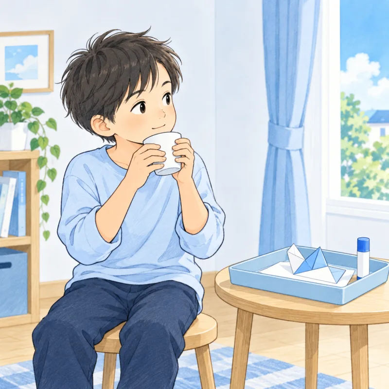 作りかけの工作をトレーに置き、水を飲んでひと息つく子どものイメージ