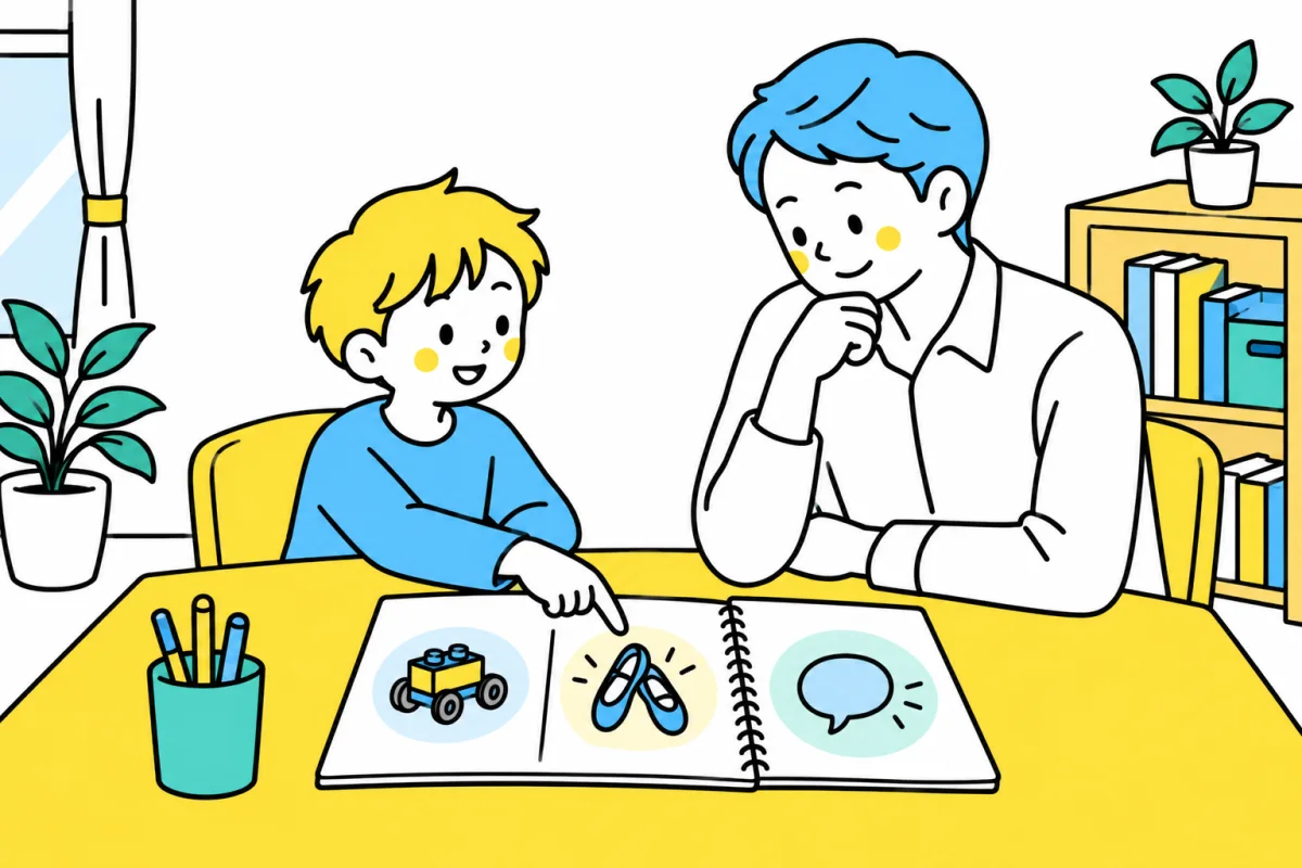 やってみたい経験を表したメモを見ながら、子どもと保護者が相談する場面