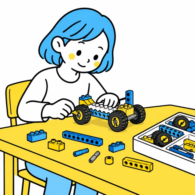 教育用のブロックと車輪で模型を組み、動きを確かめる子ども