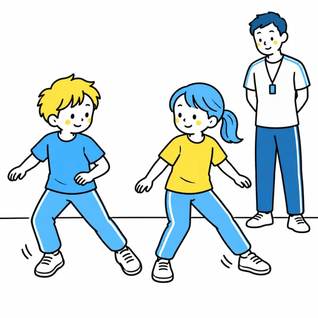 運動着の子どもたちが、平らな床でステップを合わせる場面