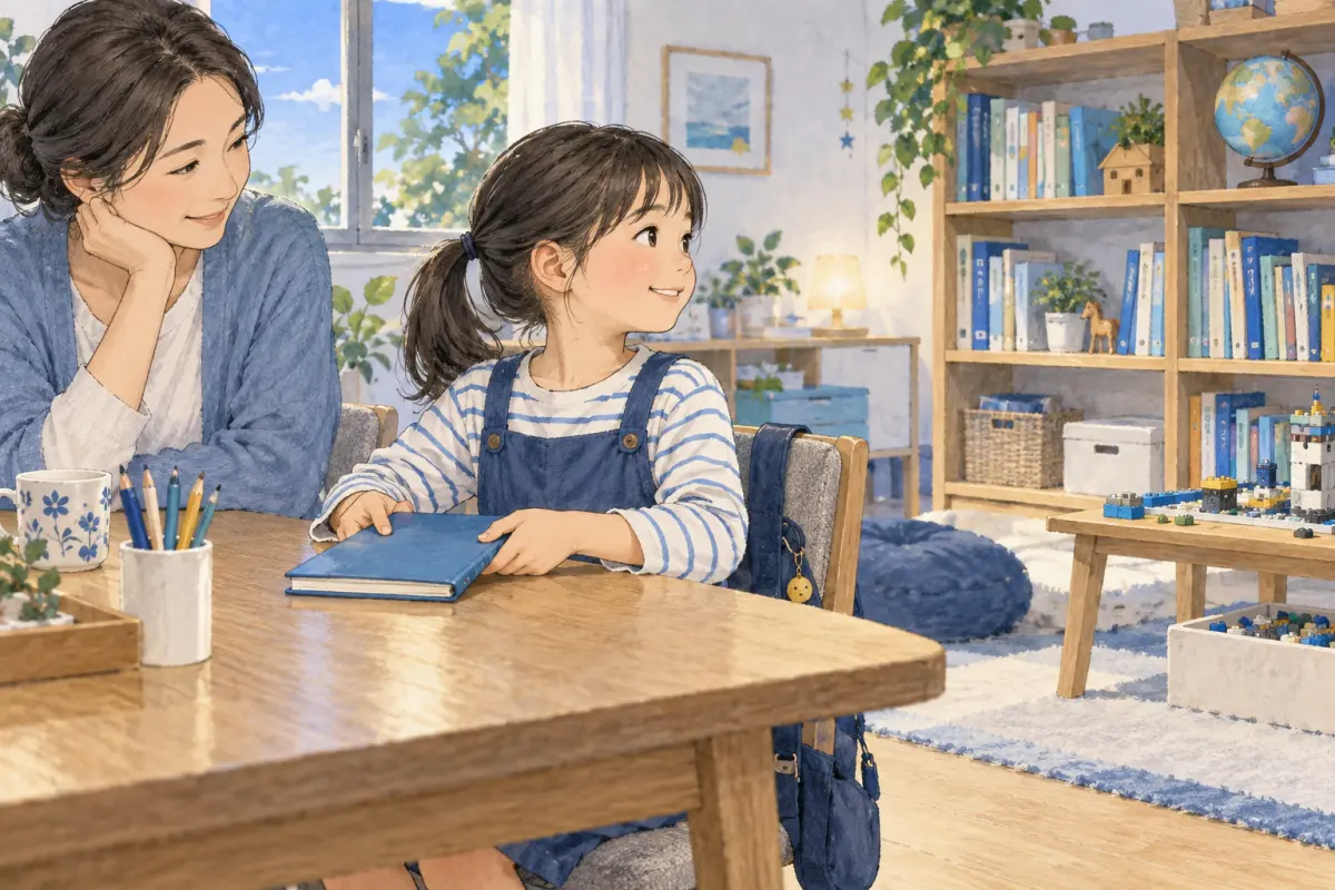 ノートを閉じて、次にしたいことを考える子どものイメージ