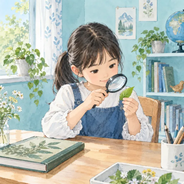 気になった葉を虫眼鏡で観察し、調べようとする子どものイメージ