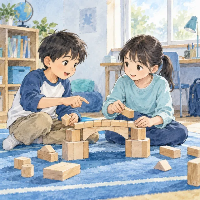 友だちと相談しながら、木のブロックで橋をつくる子どもたちのイメージ