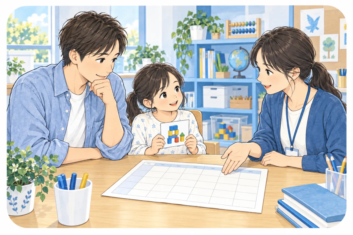 親子が希望する活動と曜日をスタッフに相談する説明用イメージ