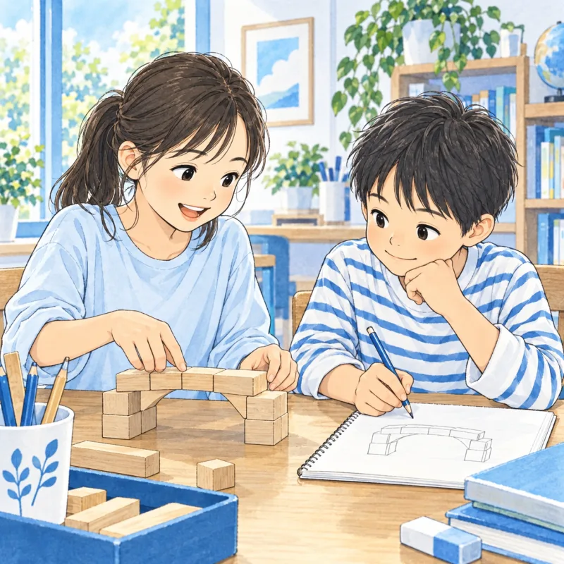 つくった橋を見せる子と、形をノートに描いて受け取る子の説明用イラスト