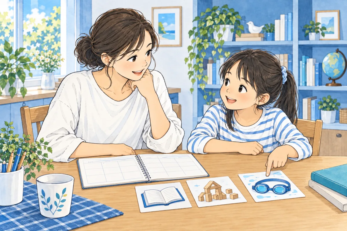 習い事の内容を表すカードと予定帳を前に、親子で候補を相談するイメージ