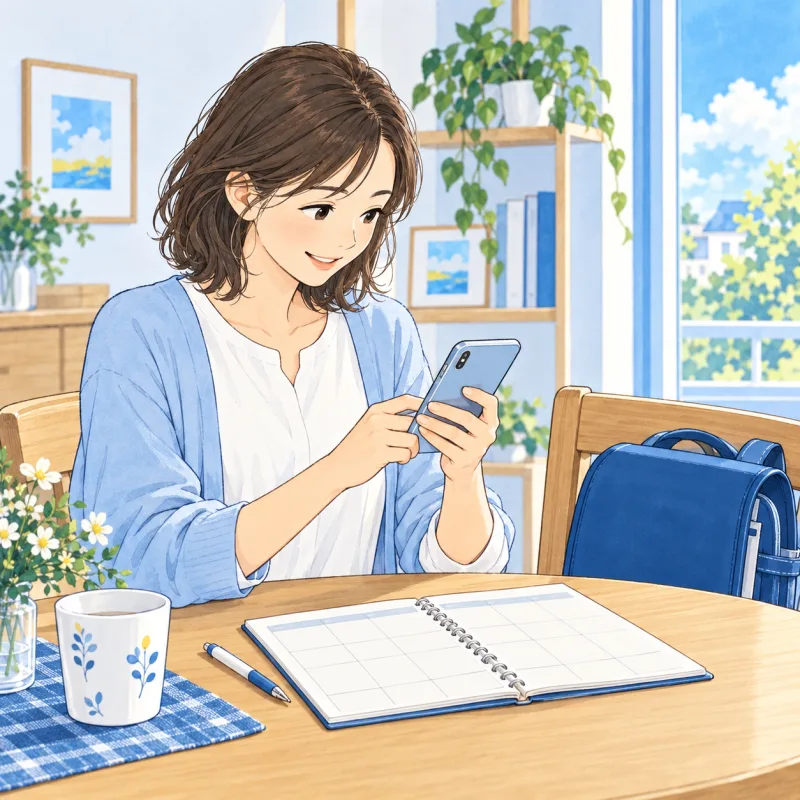 予定表を手元に、利用しない日の連絡を準備する保護者の創作場面