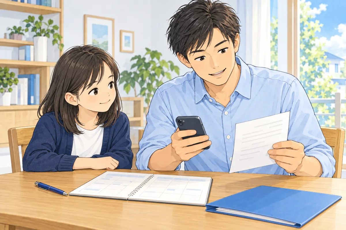 学校のお知らせと予定表を見ながら、連絡を準備する親子の創作場面
