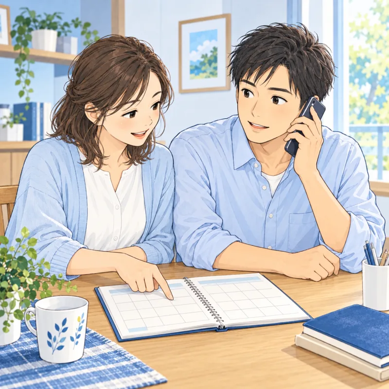 お迎えの変更を二人の保護者が予定表と電話で確かめる創作場面