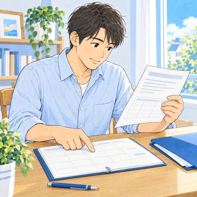 学校の案内と予定表を並べて下校時刻の変更を確認する保護者の創作場面