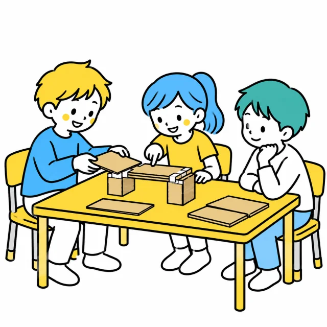 紙と段ボールの橋を囲み、作り方を相談する子どもたち