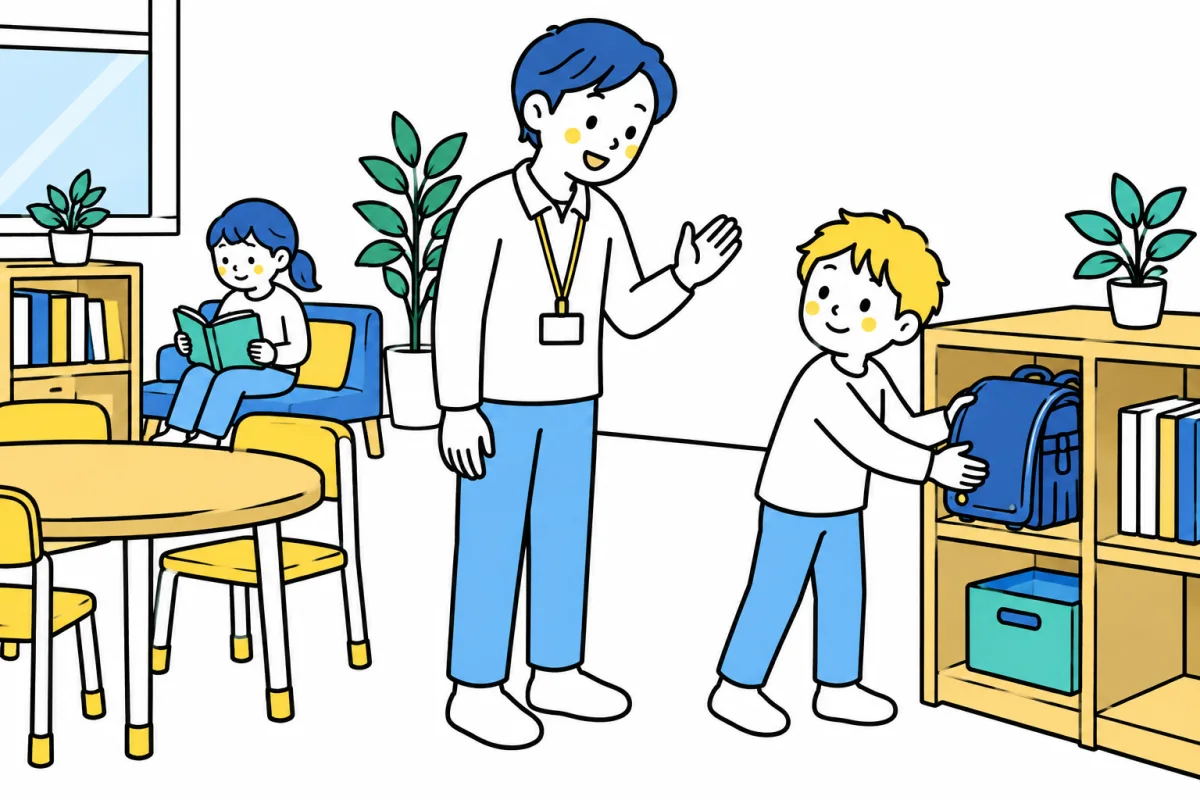 ランドセルを棚に置き、スタッフに迎えられて放課後の生活に入る子ども