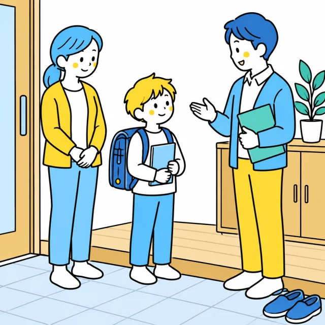 帰る準備をした子どもと、短く話をする保護者とスタッフ