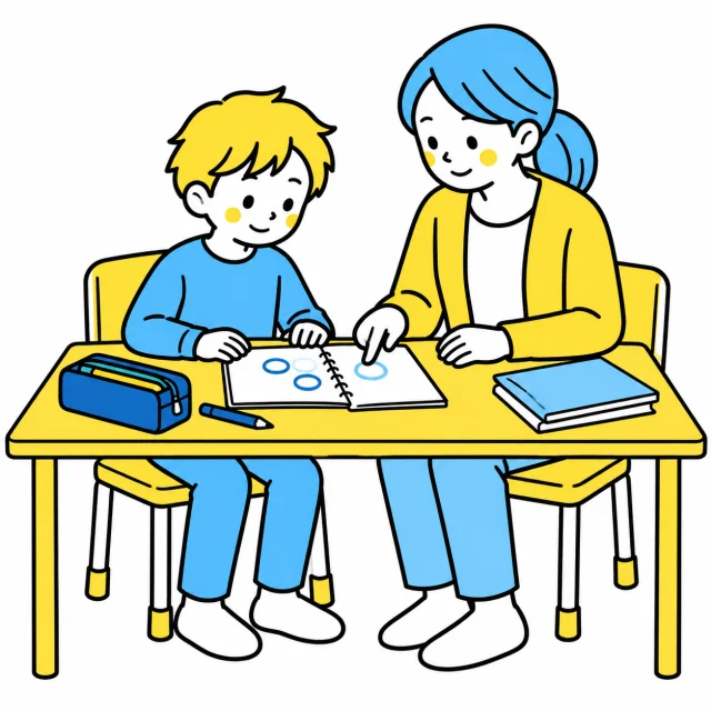 筆箱とノートを準備して、スタッフと一緒に分からない部分を確かめる子ども