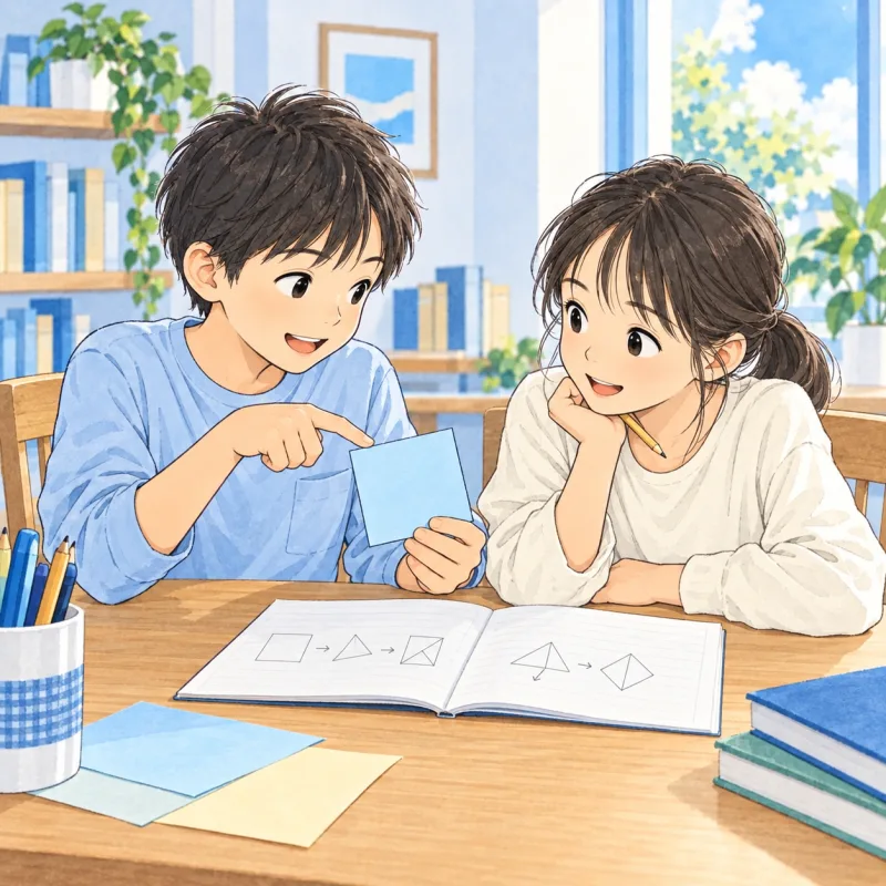 試した方法を簡単な図で示し、友だちに説明する子どもたちの創作場面