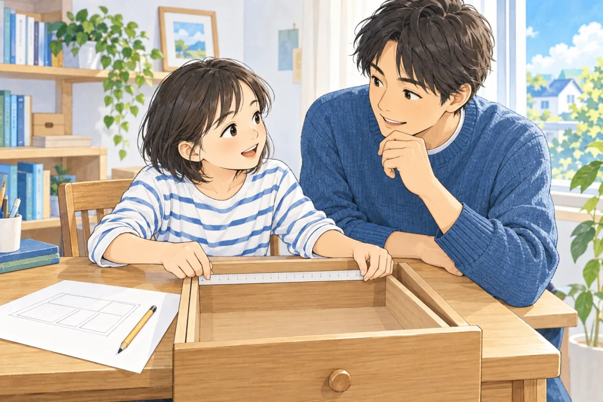 引き出しの仕切りを考えながら、定規と紙を手に相談する親子の創作場面