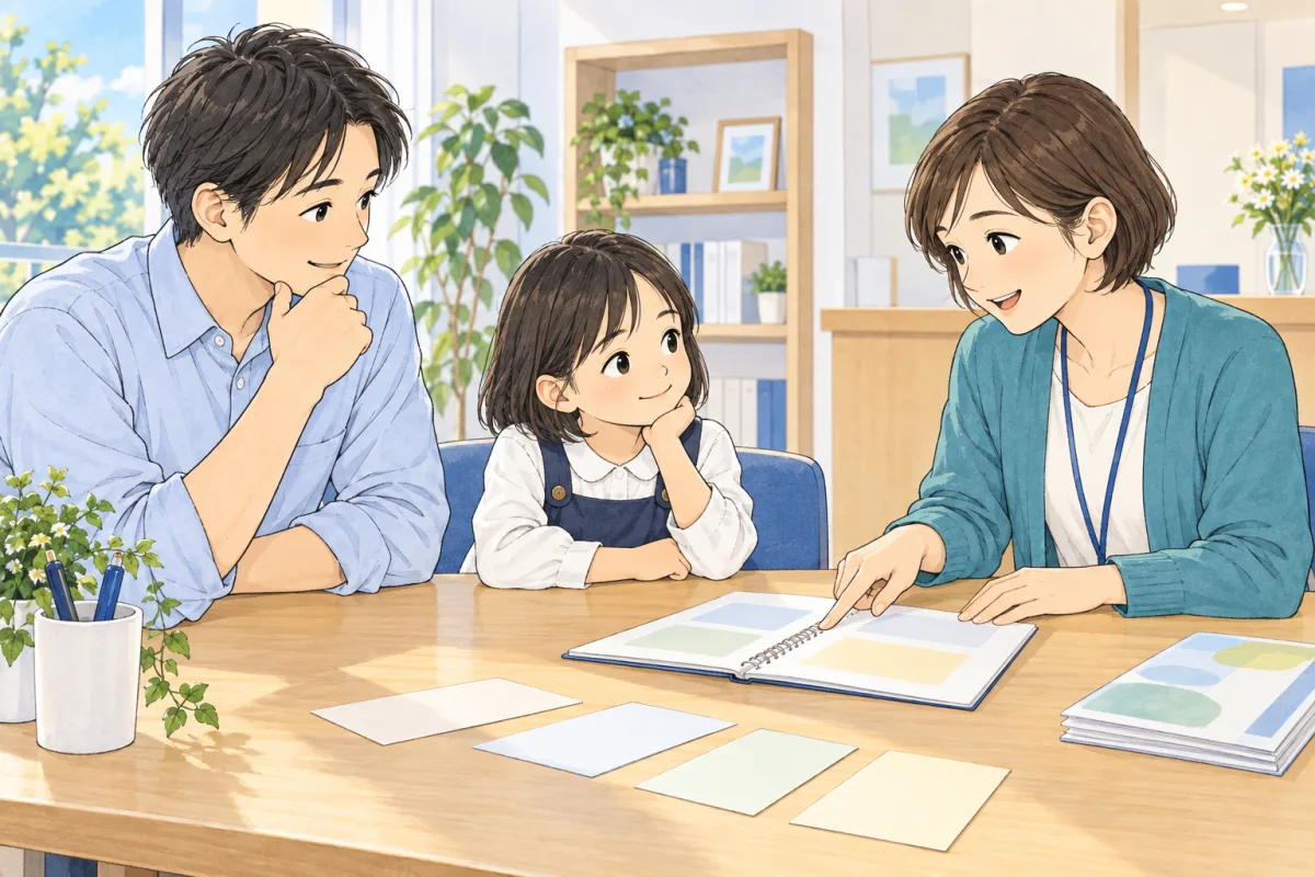 通学先が決まる前に、親子で放課後の利用について相談するイメージ