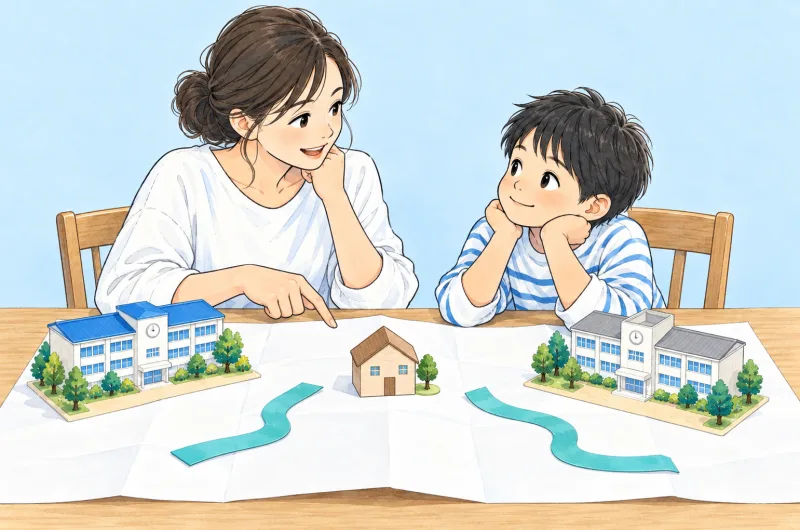 二つの学校候補と住まいを、まだつながない経路で表した概念イラスト