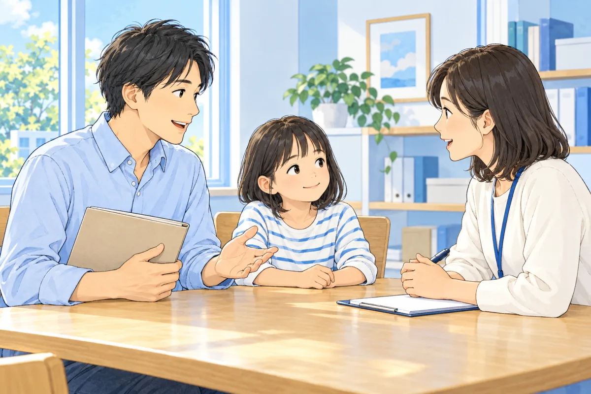 親子とスタッフが利用前の食事相談について話す創作場面