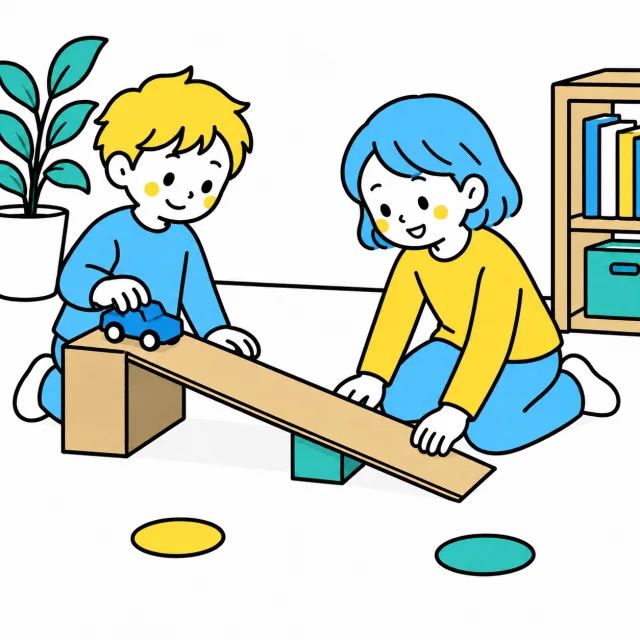 低い坂の支えを変えて、おもちゃの車の走り方を試す子どもたち