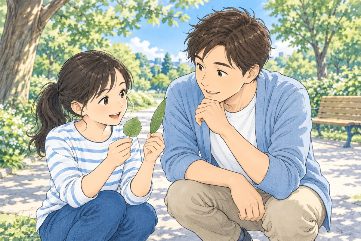 形の違う二枚の葉を見つけた子どもと、一緒に眺める父親のイメージ