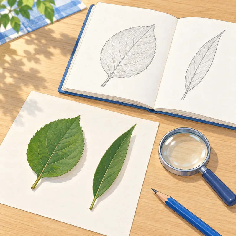 形の異なる二枚の葉と、それぞれの輪郭を描いた観察ノートのイメージ