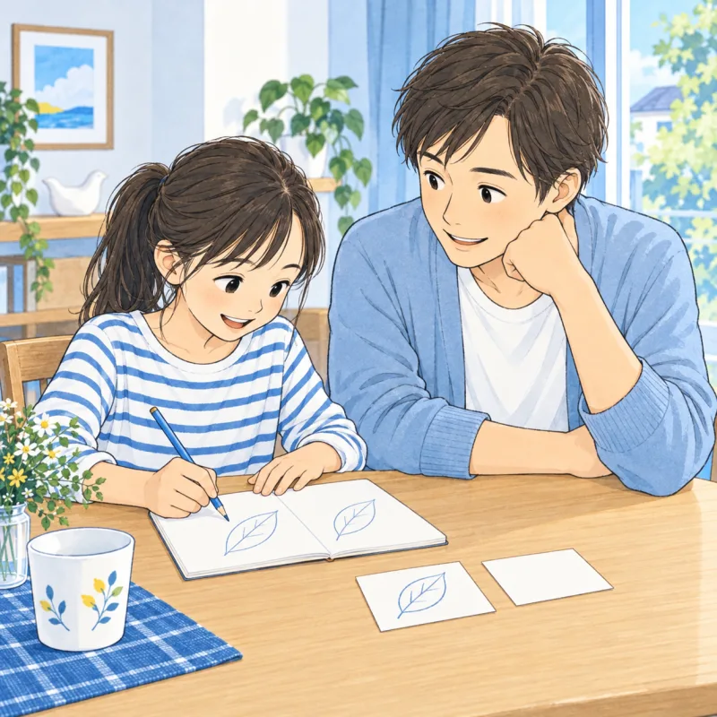観察した葉の絵をノートに残し、親子で次に調べることを相談するイメージ