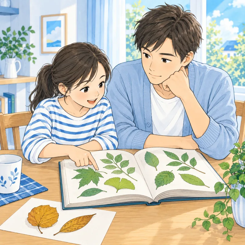 親子で植物の図鑑を開き、葉の写真と手元の観察を比べるイメージ