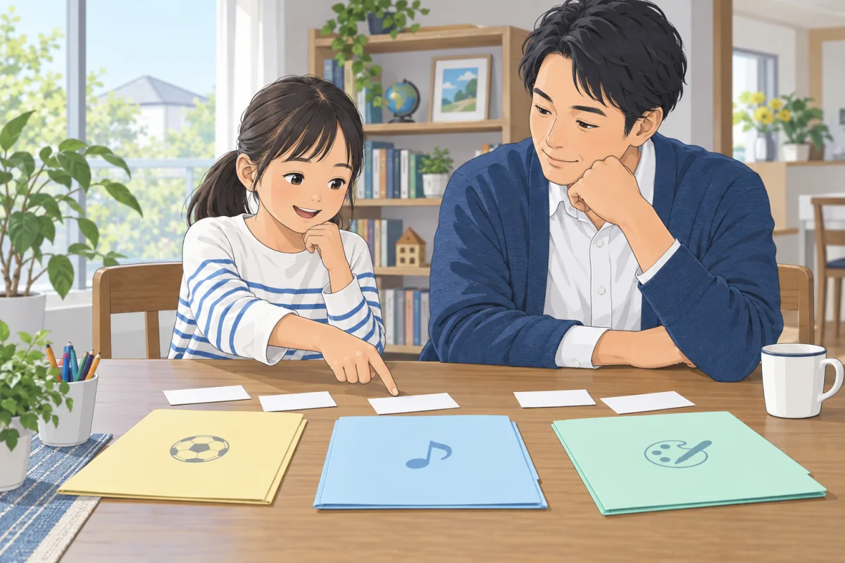 親子でメモを広げ、放課後に大切にしたいことを話し合うイメージ