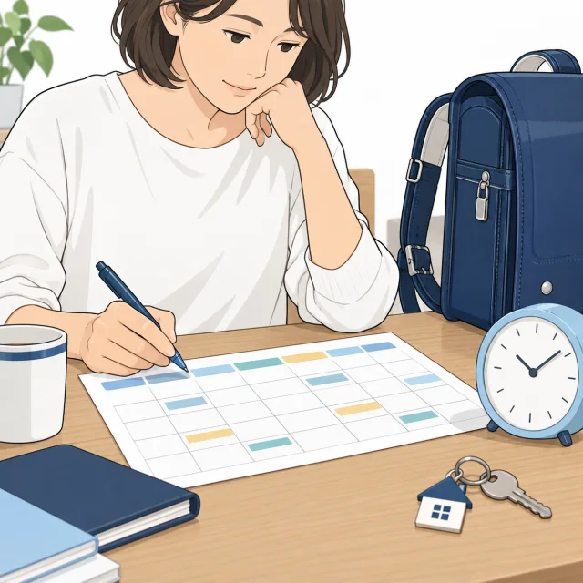 家庭の予定表とかばん、時計を見ながら利用条件を整理するイメージ