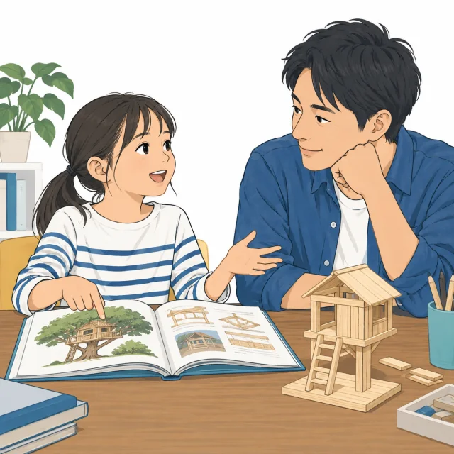 子どもが気になる本やものづくりについて話し、保護者が耳を傾けるイメージ