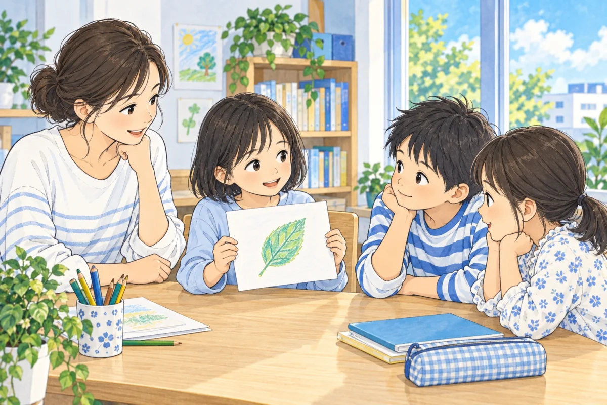 自分の描いた葉の絵を見せる子どもと、それを聞く友だちや大人のイメージ