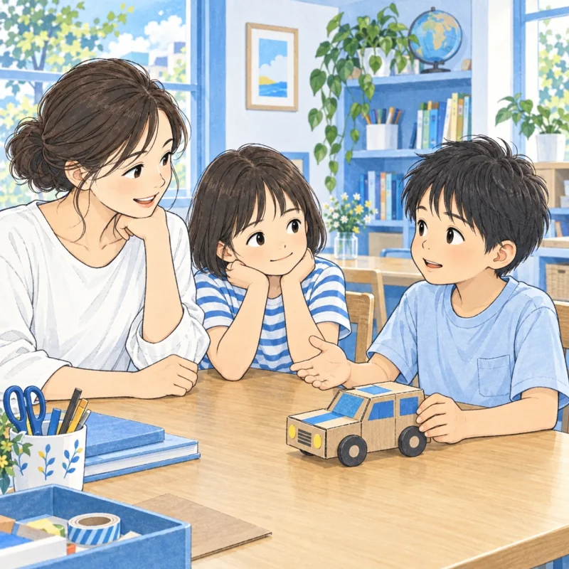 話している子どもを急かさず、友だちと大人が聞いているイメージ