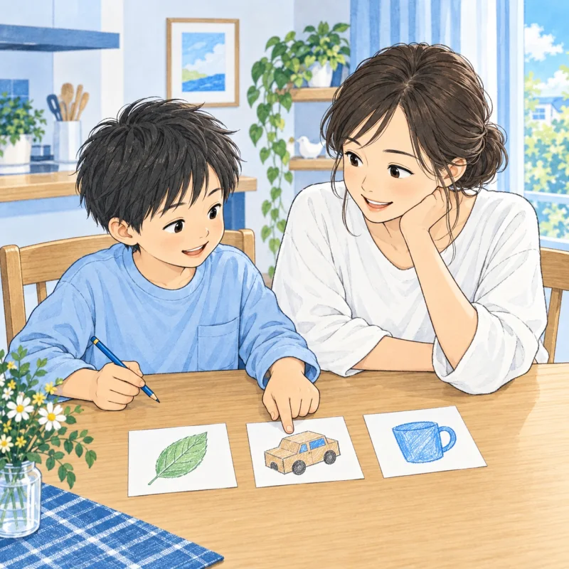 伝えたいことを絵のメモにして大人と確認する子どものイメージ